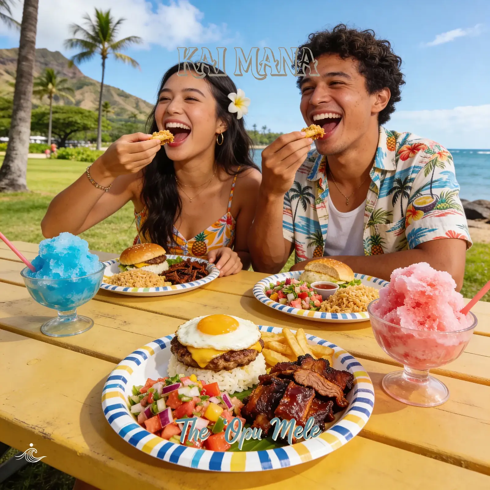 The ʻOpu Mele artwork by Kai Mana, reflecting humorous, lighthearted Maui music themes